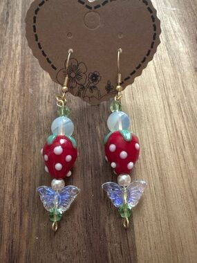 Handmade Strawberry & Iridescent Butterfly Dangle Earrings - Gold